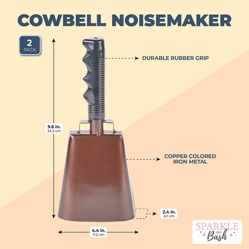 Copper Cow Bells with Handles, Noise Makers (4.3 x 9.5 In, 2 Pack)