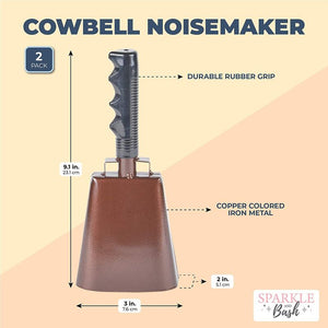 Copper Cow Bells with Handles, Noise Makers (3 x 9.1 In, 2 Pack)