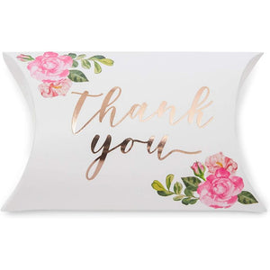 Wedding Pillow Boxes, Rose Gold Foil Thank You Party Favors (5.15 x 1.35 In, 100 Pack)