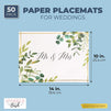 Mr and Mrs Paper Placemats for Wedding, Engagement Parties, Gold Foil, Leaves (14 x 10 in, 50 Pack)