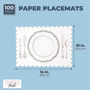 Paper Placemats for Table, White Mats with Scalloped Edge (14 x 10 in, 100 Pack)