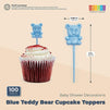 Blue Teddy Bear Cupcake Toppers, Baby Shower Decorations (0.85 x 3 In, 100 Pack)