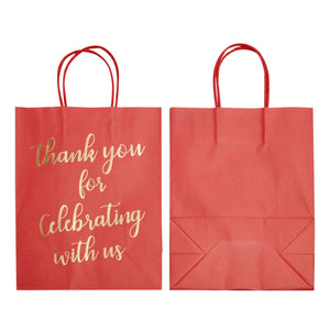 24-Pack 8x4x10-Inch Red Gift Bags with Gold Foil Script, Medium-Sized Thank You Bags with Handles and 24 Sheets White Tissue Paper