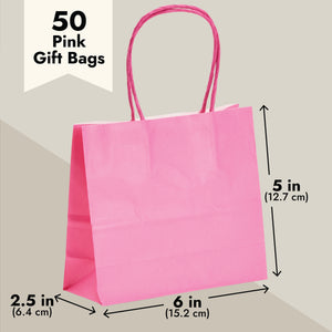 50 Pack Mini Pink Gift Bags with Handles, Bulk Kraft Party Favor Bags (6 x 5 x 2.5 In)