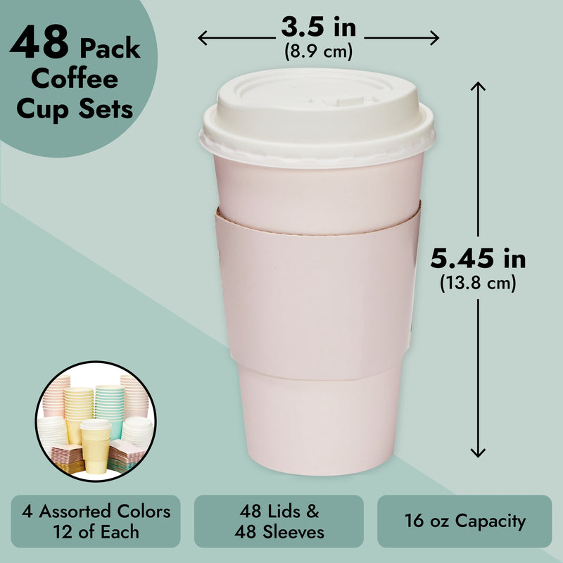 48-Pack 16 oz To Go Coffee Cups with Lids and Sleeves for Baby Shower and Birthday Party Supplies, Home, Restaurant, Cafe, or Store Use (Insulated, Disposable, 4 Pastel Colors)