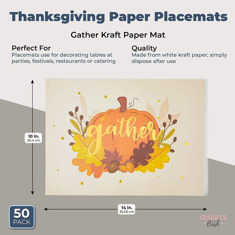 50 Pack Gather Kraft Paper Placemats, Thanksgiving Disposable Party Dinner Placemat Set, 14 x 10 in