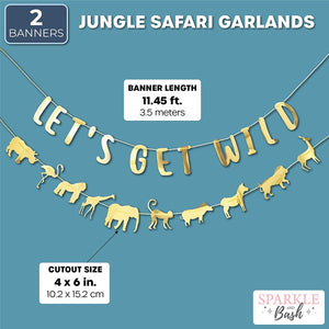 Let's Get Wild Party Banner, Safari Jungle Animal Theme Garland for Baby Shower, Kids Birthday Supplies and Decoration, 11 feet, Gold