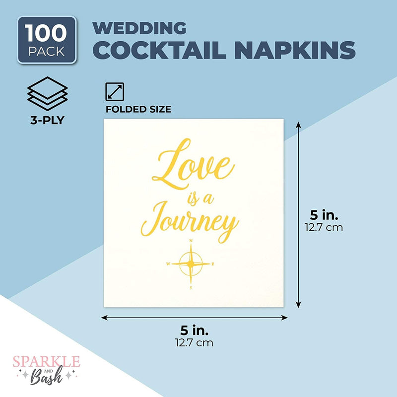 Wedding Cocktail Napkins, Love is a Journey, Gold Foil (5 x 5 In, 100 Pack)