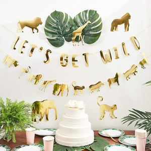 Let's Get Wild Party Banner, Safari Jungle Animal Theme Garland for Baby Shower, Kids Birthday Supplies and Decoration, 11 feet, Gold