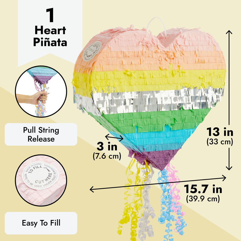 Pull String Rainbow Heart Pinata for Pastel Birthday Party Decorations (Small, 15.7 x 13 x 3 In)