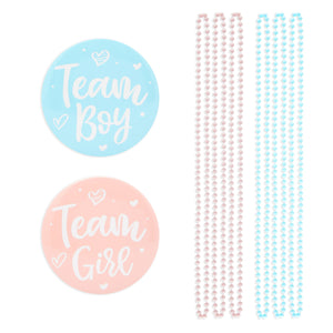 Baby Gender Reveal Party Favors, Team Boy and Girl Button Pins, Bead Necklaces (48 Pieces)