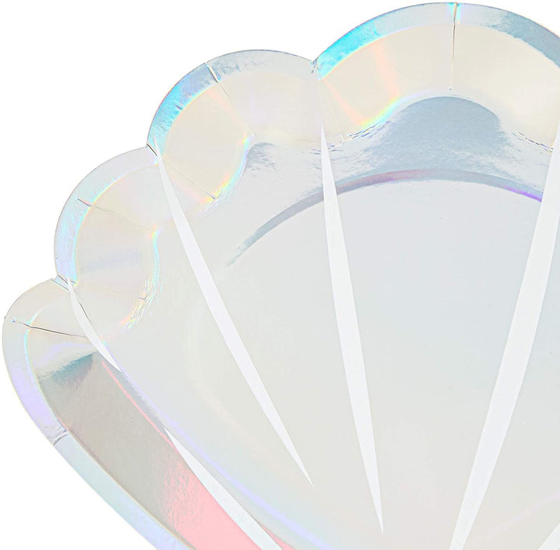 48 Pack Holographic Seashell Plates for Girls Mermaid Birthday Party Supplies, Silver Foil Design (9 In)
