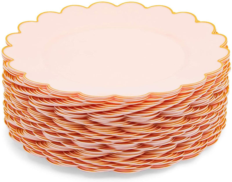 50 Pack Pink and Gold Plastic Plates, 9 Inch Scalloped Plates with Gold Rim for Birthday Party, Baby Shower