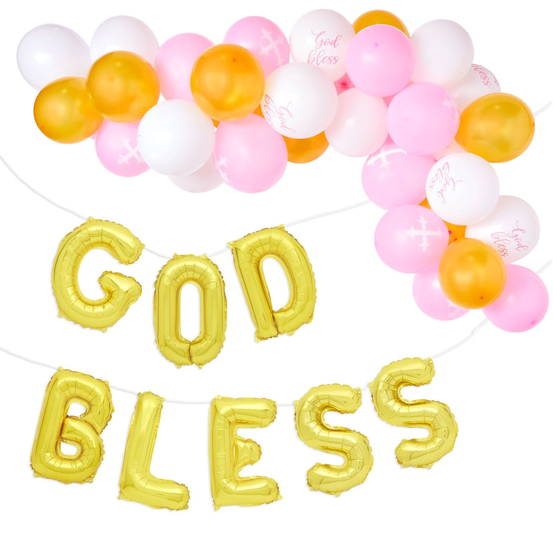God Bless Banner Balloons for Girls Baptism Decorations, First Communion (12-16 In, 58 Piece Set)
