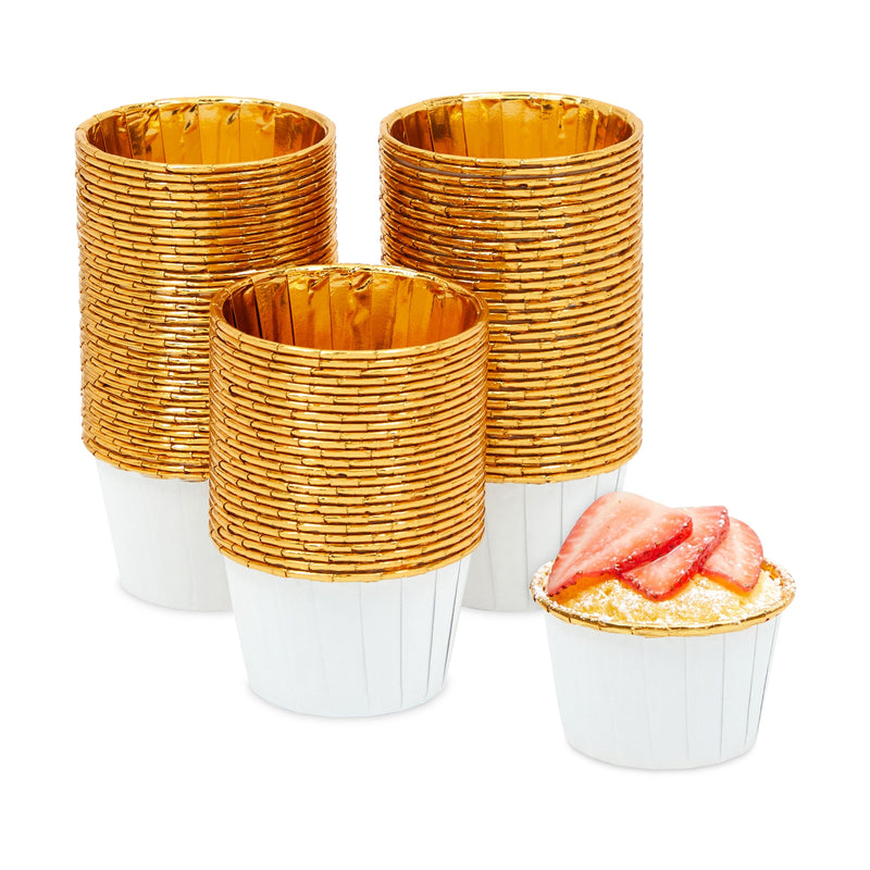 100-Pack Gold Aluminum Foil Cupcake Liners, 2.75x1.5-Inch White Colored Baking Cups for Muffins and Baked Desserts, Small Goodie Containers for Loose Nuts and Candies