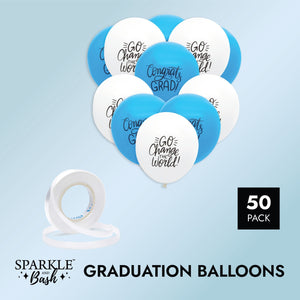 50 Pack Blue and White Graduation Latex Balloons 12 inch for Congrats Grad Party Decorations