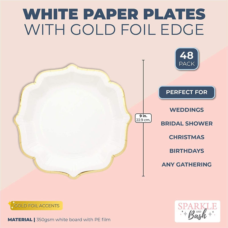 48-Pack White Paper Party Plates with Gold Foil Scalloped Edging (9 in)