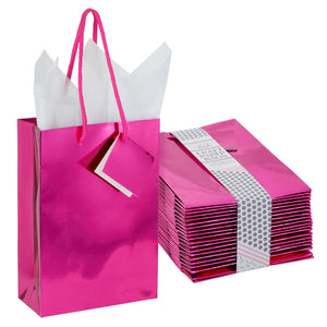 20-Pack Small Metallic Gift Bags with Handles, 5.5x2.5x7.9-Inch Paper Bags with Foil Coating, White Tissue Paper Sheets, and Tags for Small Business (Hot Pink)
