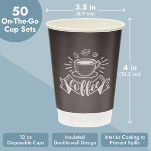 50 Pack 12 oz Paper Coffee Cups with Lids for Coffee, Hot Drinks, Insulated Double Wall Cups with Stirring Straws, Napkins (Black)