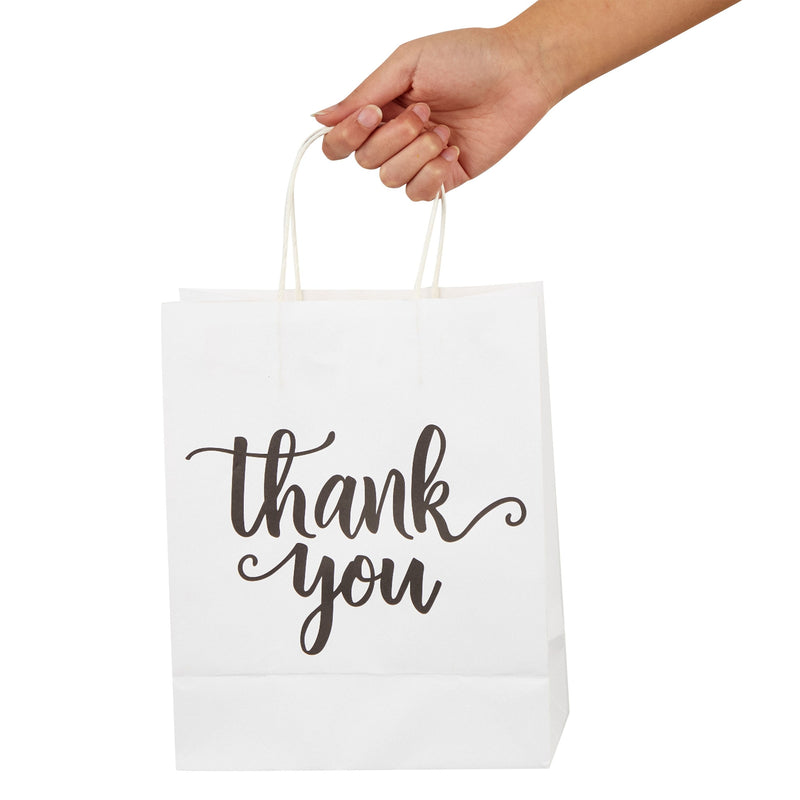 50 Pack Medium White Thank You Paper Bags with Handles for Wedding, Baby Shower, Boutique (10x8x4 In)