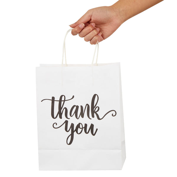 50 Pack Medium White Thank You Paper Bags with Handles for Wedding, Ba ...