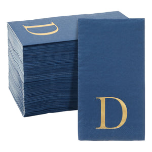 100 Pack Navy Blue Monogrammed Napkins with Letter D, Gold Foil Initial for Wedding Reception, Engagement Party (4x8 Inches)