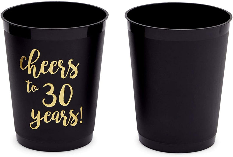 16 Pack Cheers to 30 Years Plastic Party Cups - 30th Birthday Decorations for Men and Women, Anniversaries (Black, 16 oz)