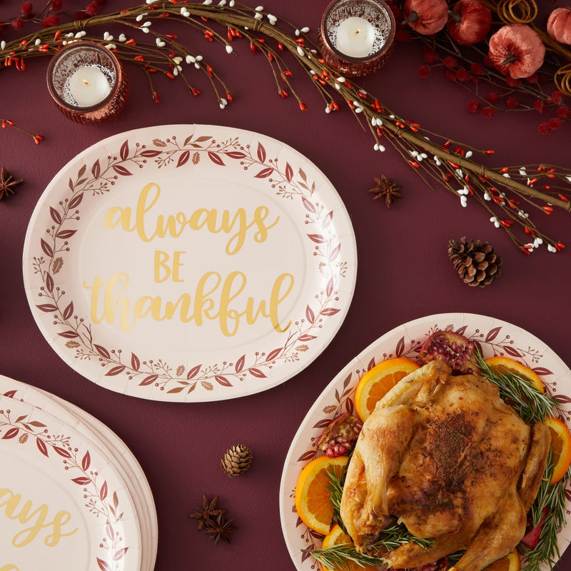 24-Pack Large Oval Thanksgiving Paper Plates, Heavy Duty Serving Plates with Fall Leaves, Pink with Gold Foil (13x11 in)