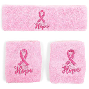 Pink Breast Cancer Awareness Sweat Bands and Headband Set (3 Pieces)