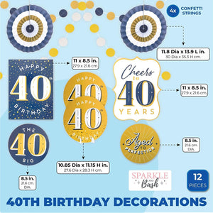 40th Birthday Decorations, Includes Table Centerpieces, Wall Sign, Ceiling Decorations and Confetti String (12 Pieces)