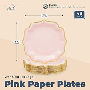 48-Pack Pink Scalloped Paper Party Plates with Gold Foil Edges (9 in)