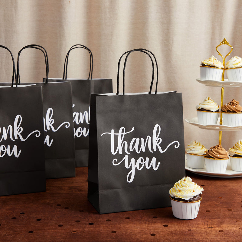 50 Pack Medium Black Thank You Paper Bags with Handles for Boutique, Small Business (10 x 8 x 4 In)