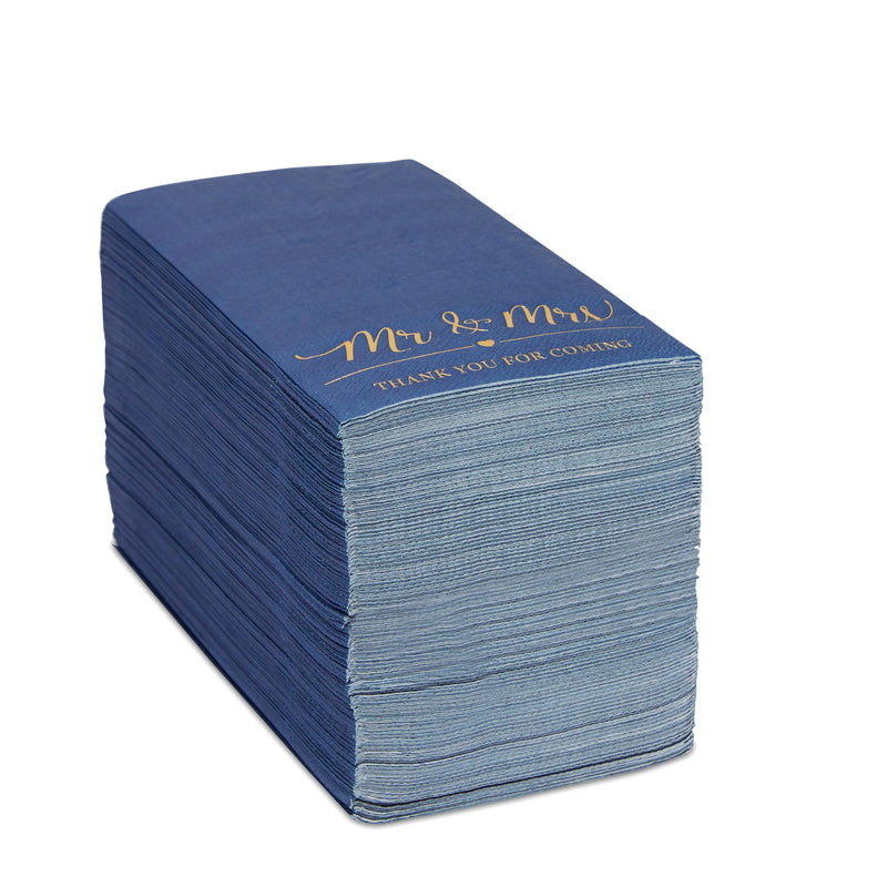 100 Pack Navy Blue Napkins for Wedding Reception with Gold Foil, Mr and Mrs (3-Ply, 4 x 8 In)