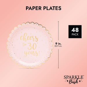 Scalloped Plates for 30th Birthday Party Supplies for Her, Cheers to 30 Years (9 In, 48 Pack)