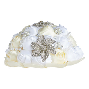 White and Ivory Satin Rose Rhinestone Bridal Bouquet with Brooch for Wedding, Quinceanera (8.5 In)