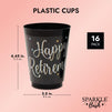 Happy Retirement Party Decorations, Black Plastic Cups (16 oz, 16 Pack)