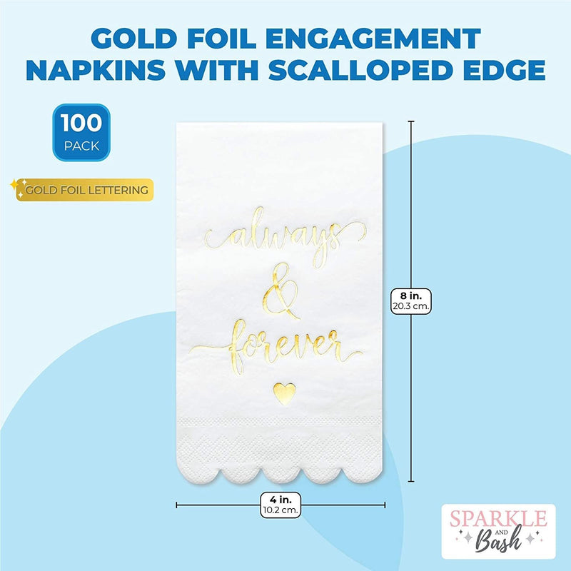 100 Pack White Napkins for Wedding Reception with Gold Foil Scalloped Edges, Always and Forever (3-Ply, 4 x 8 In)