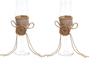 2 Pack Wedding Champagne Glass Flutes with Jute Flower Cup Cover for Bride and Groom Party Supplies Decorations