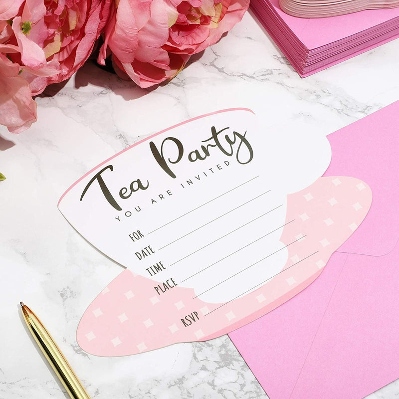 36 Pack Tea Party Invitation Cards with Envelopes, Pink and White High Tea Themed, (5 x 7 in)