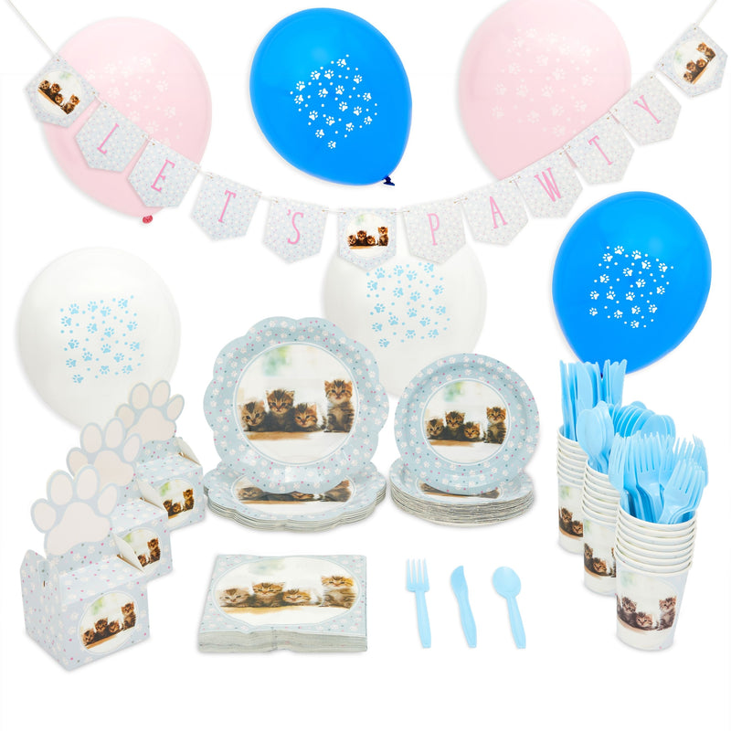 Cat Birthday Decorations, Kitty Dinnerware Set, Banner, Favor Boxes, Balloons (Serves 24, 217 Pieces)