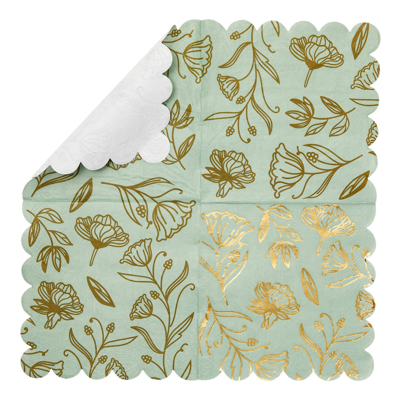 50-Pack Green Paper Napkins with Gold Foil Floral Design and Scalloped Edges for Weddings, Baby Showers, and Bridal Showers (3-Play, 5x5 in)