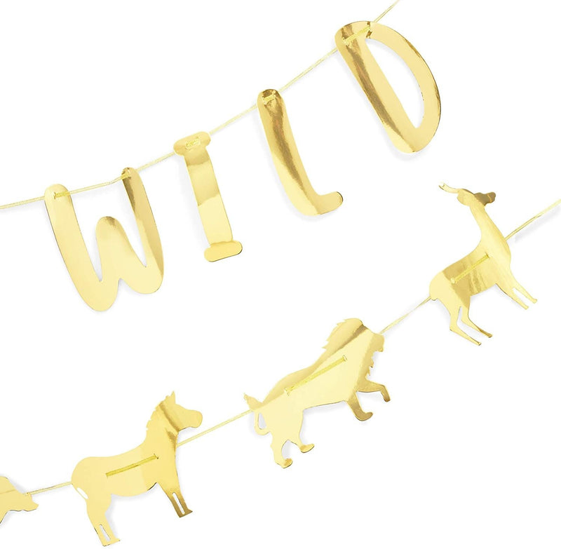 Let's Get Wild Party Banner, Safari Jungle Animal Theme Garland for Baby Shower, Kids Birthday Supplies and Decoration, 11 feet, Gold