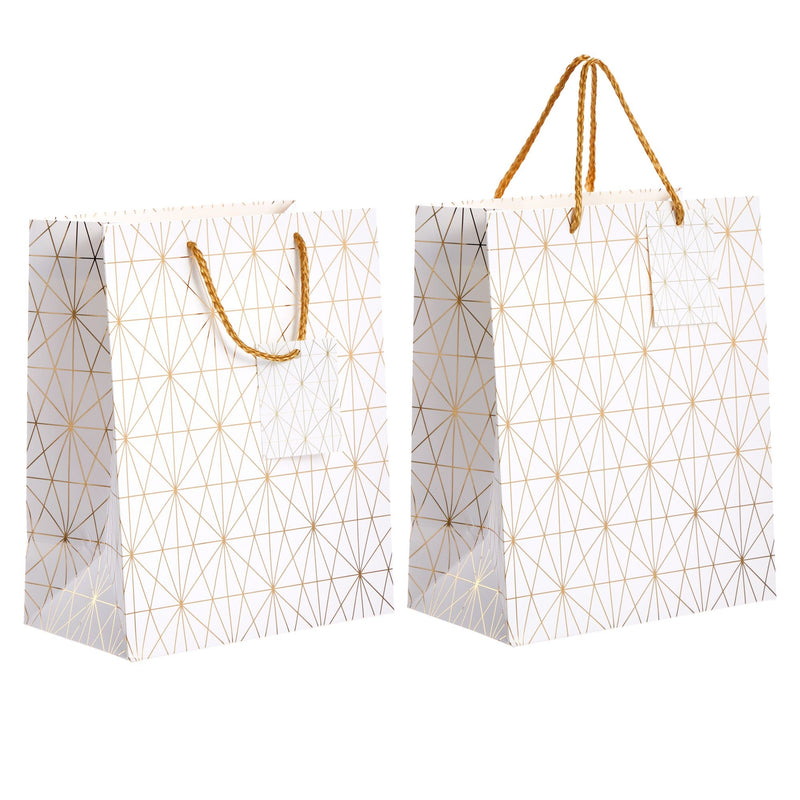 16-Pack Medium White and Gold Gift Bags with Handles & Tags for Weddings Baby Bridal Showers Birthday Party Favors, 4 Geometric Foil Designs (8 x 10 x 4.5 Inch)