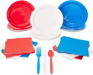 240 Piece Red, White, and Blue Dinnerware Set for 4th of July (Serves 48)