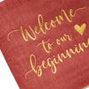 100 Pack Burgundy Wedding Cocktail Napkins Bulk for Reception, Welcome to our Beginning, Gold Foil (5 x 5 In)