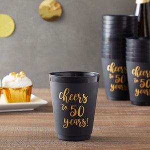16 Pack Cheers to 50 Years Plastic Party Cups - 50th Birthday Decorations for Men and Women, Anniversaries (Black, 16 oz)