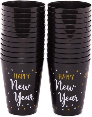 Happy New Year Party Cups, Reusable Plastic NYE Party Supplies (Black, 16 oz, 24 Pack)