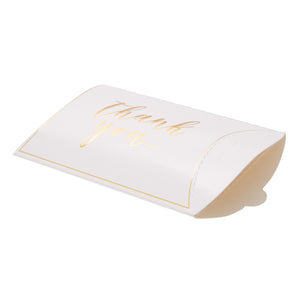 100-Pack Wedding Favor Pillow Boxes, Bulk 5.2x3.2-Inch Kraft Paper Thank You Gift Boxes with 1 Roll Jute String for Party Favors (White with Gold Script)