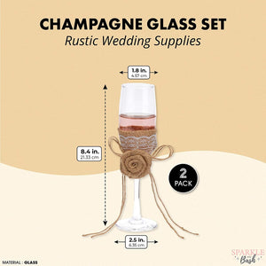 2 Pack Wedding Champagne Glass Flutes with Jute Flower Cup Cover for Bride and Groom Party Supplies Decorations