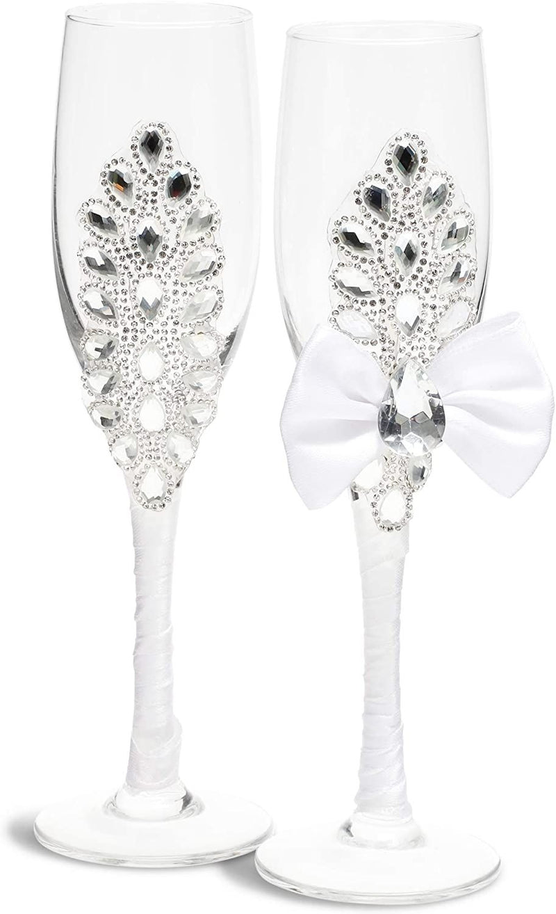 Set of 2 Mr. & Mrs. Wedding Toasting Glasses, Bride and Groom Rhinestone Champagne Flutes in White, Wedding Gift Idea